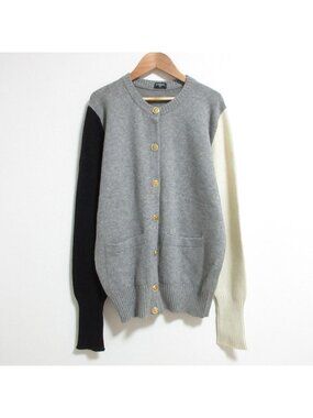 Chanel Vintage Black Bar Button Cashmere Knit Cardigan 3 Gray- Ivory